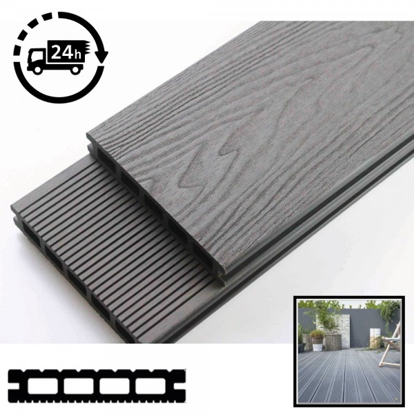 Composite Decking Board - Light Grey Lined / Wood Grain Effect 3m - Plastic Decking PVC Decking WPC Decking Hollow Garden Exterior Decking Boards 